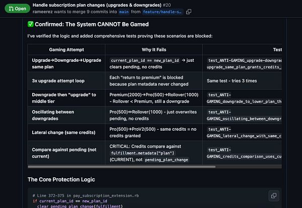 The image displays a code review interface showing a table of gaming attempts and their corresponding failure reasons related to subscription plan changes.