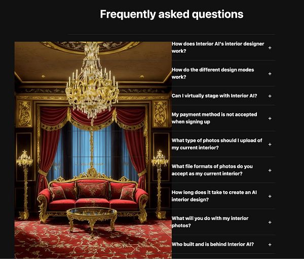 The image features an opulent interior design scene alongside a list of frequently asked questions.