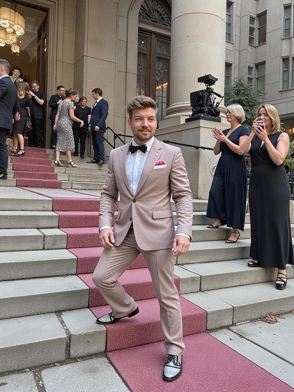 A well-dressed man poses confidently on the steps of a building during a formal event.