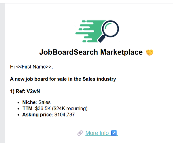 JobBoardSearch Marketplace email announcing a new job board for sale in the sales industry, including financial details and a link for more information.