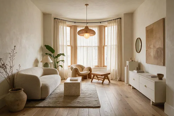 A serene living room with a curved cream sofa, woven pendant light, and a small sculptural lounge chair arranged near a bay window. Natural wood floors, sheer curtains, a stone coffee table, and earthy decor create a warm organic modern feel.