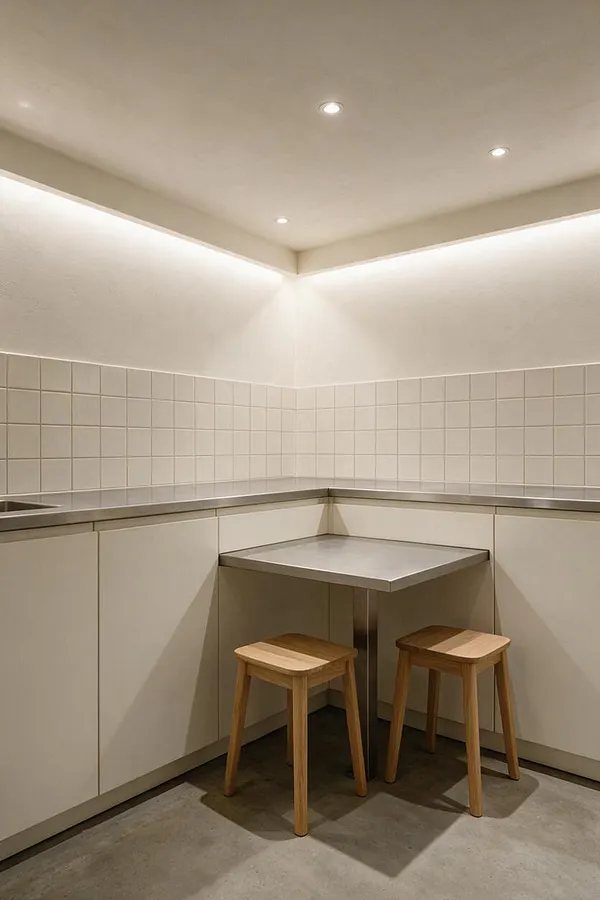 A compact minimalist basement kitchenette with white tiled walls, smooth off-white cabinetry, and a gray countertop forming an L-shape around a corner. Two simple light oak stools sit beneath a small peninsula, with recessed ceiling lights and a concrete floor creating a clean, understated atmosphere.