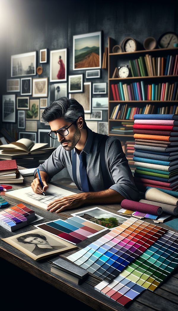 An interior designer sitting at a desk, surrounded by sources of inspiration such as fabric swatches, paint samples, photographs of nature, architectural renderings, and art books, deep in thought as they sketch design ideas for a new project.