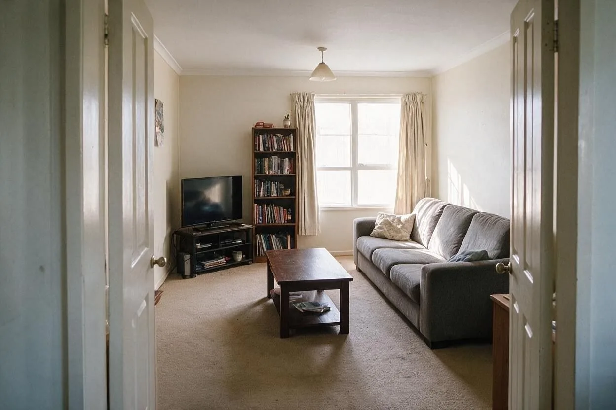 The same room after: Warm off-white walls, and lose the net curtains.