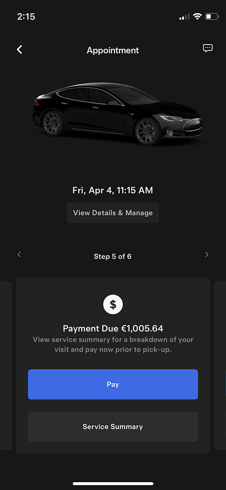 The image displays a payment screen for a Tesla service appointment in the Tesla app.