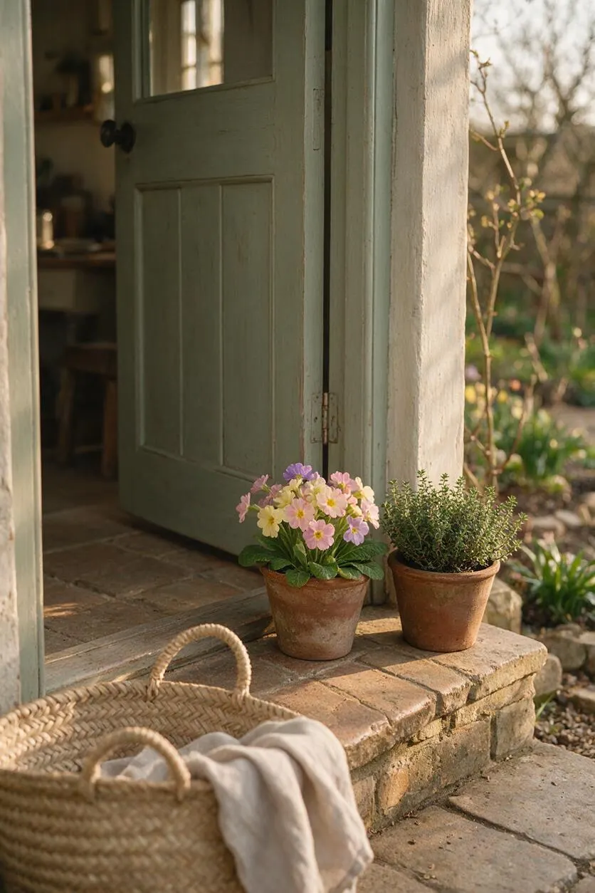 A cozy cottage porch with a pale green wooden door, weathered brick steps, and two terracotta pots holding pink and yellow flowers and a small herb-like plant. A woven basket with a light linen cloth sits in the foreground, while warm sunlight and a garden backdrop create a calm rustic feel.