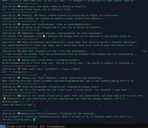 The image displays a terminal interface showing a list of tasks and issues related to a website.