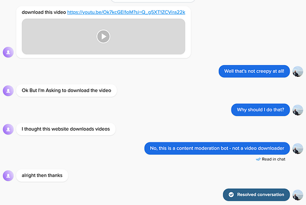 A conversation about a customer support inquiry regarding a video download request.