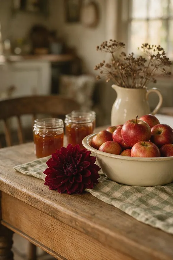 A cozy cottage-style tabletop vignette with a wooden table, a cream ceramic pitcher holding dried flowers, a bowl of red apples, two jars of amber preserves, and a deep burgundy flower on a green gingham cloth. Soft daylight and a blurred farmhouse kitchen create a warm, nostalgic atmosphere.