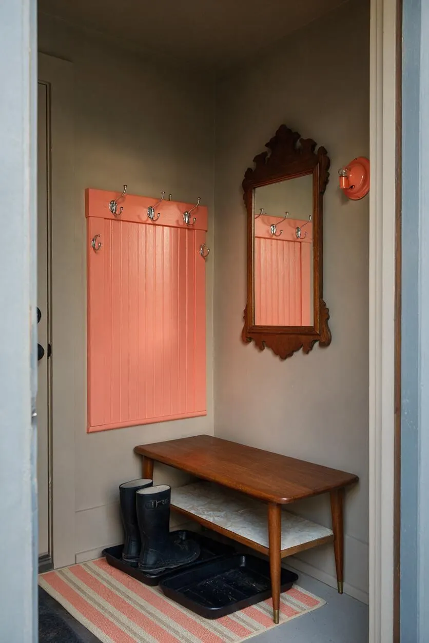 A narrow eclectic mudroom with taupe walls, a coral beadboard wall panel with chrome hooks, and an ornate dark wood mirror mounted beside it. A wooden bench with a lower shelf sits above boot trays, with a striped rug on the floor and a coral wall sconce adding color.