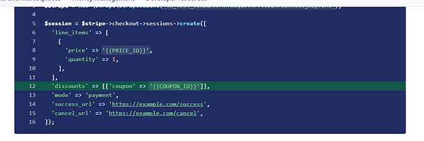 The image displays a code snippet for creating a Stripe checkout session with discount functionality.