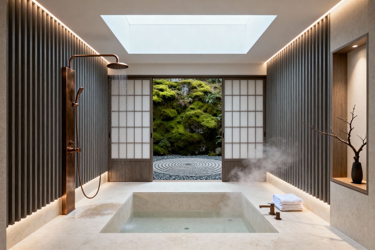 Room AI – Limestone Ofuro with Shoji and Bronze Fixtures - Interior