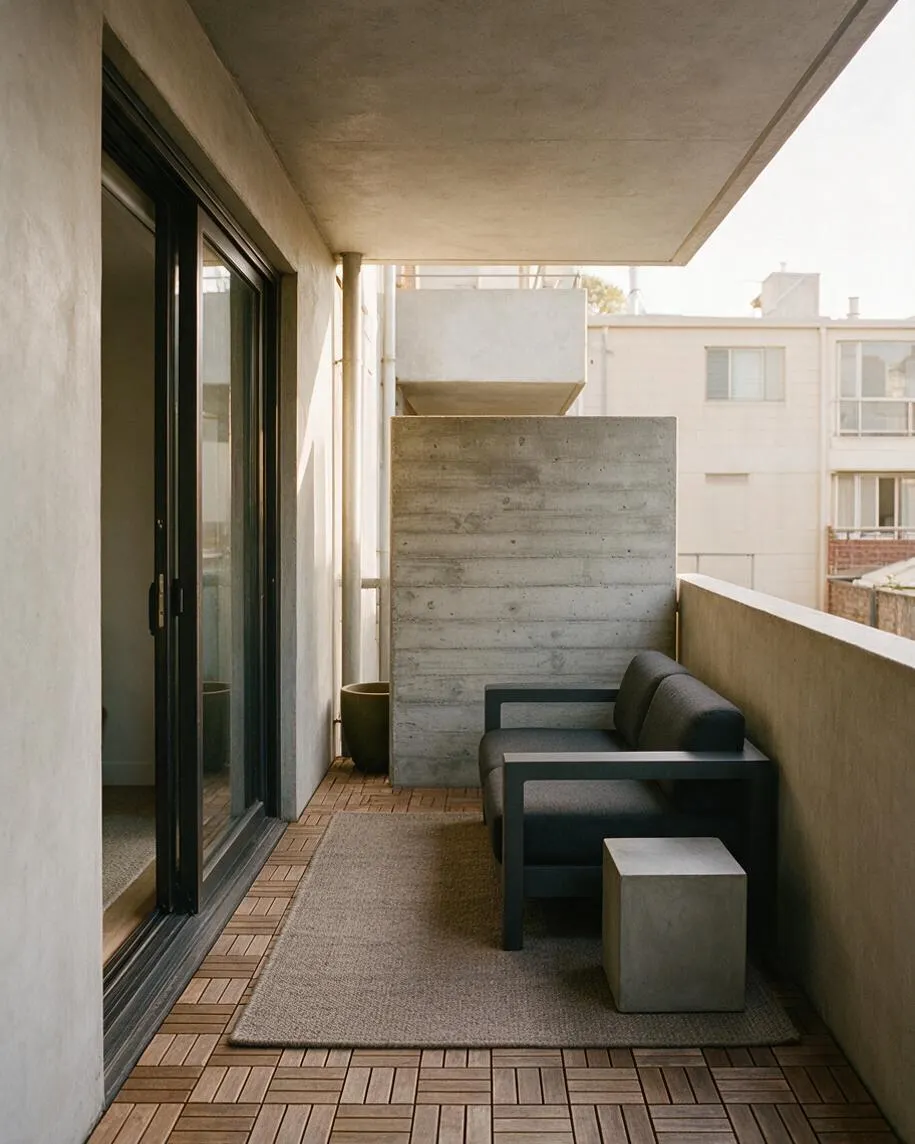 A narrow apartment patio with smooth concrete walls and ceiling, a dark-framed sliding glass door, and a black cushioned chair beside a small concrete cube table. Wood deck tiles cover the floor, a textured rug softens the seating area, and warm light brightens the muted neutral space.