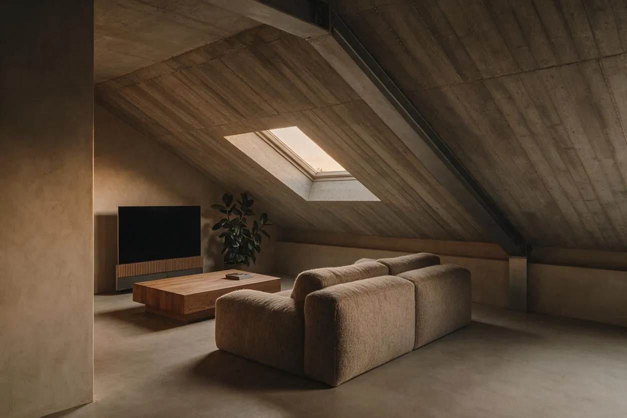 A media room with sloped concrete ceilings, a skylight, and a low modular sofa in textured beige upholstery. A wooden coffee table, black flat-screen TV, and potted plant sit against warm neutral walls, creating a sparse, sculptural Brutalist interior.