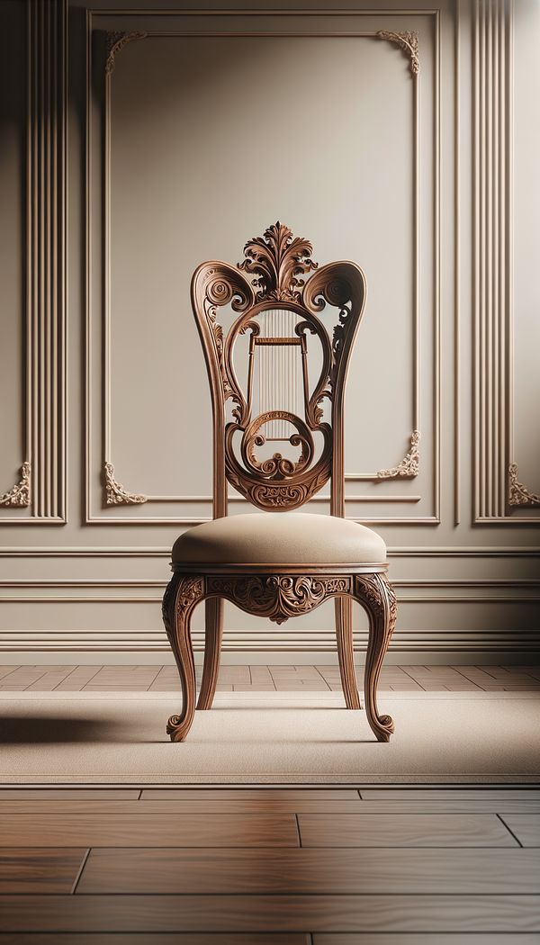 An elegantly carved wooden chair with a Lyre Back design, standing against a neutral, sophisticated background.