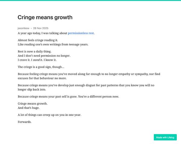 A reflective blog post discussing personal growth and the concept of 'cringe' as a sign of progress.