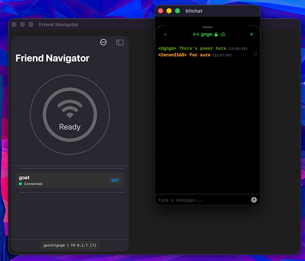 The image displays a user interface for the Friend Navigator app alongside a chat interface from the Bitchat application.