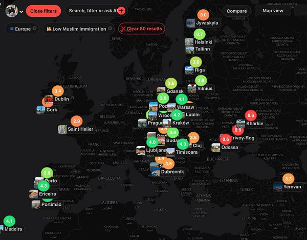 Interactive map of European and nearby cities rated on a 'Low Muslim Immigration' filter with color-coded scores.