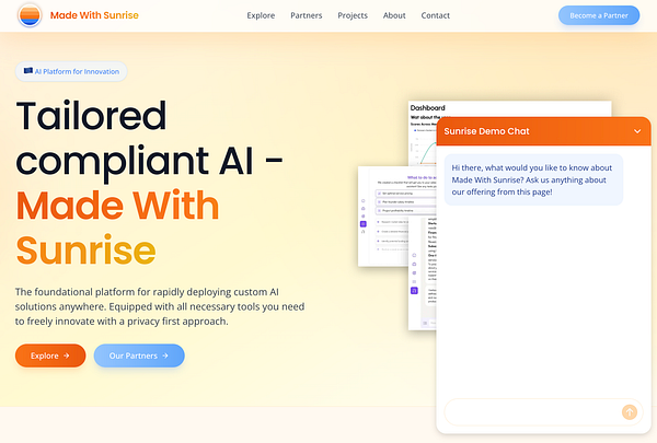 The image displays the homepage of 'Made With Sunrise' featuring a chat interface and promotional content.