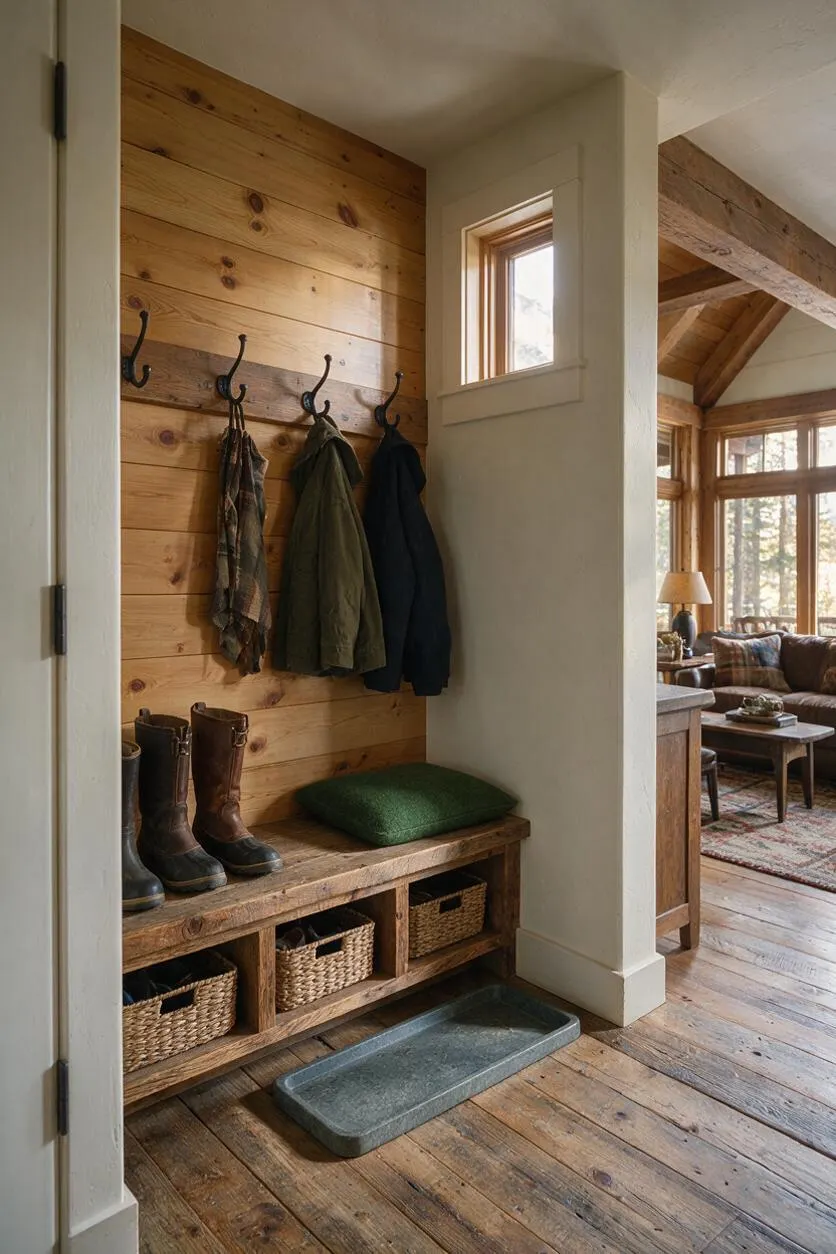 A rustic closet nook with horizontal wood plank walls, black metal hooks holding jackets, a built-in wooden bench, woven storage baskets, boots on the floor, and a green cushion. The closet opens into a warm living space with exposed beams and large windows.