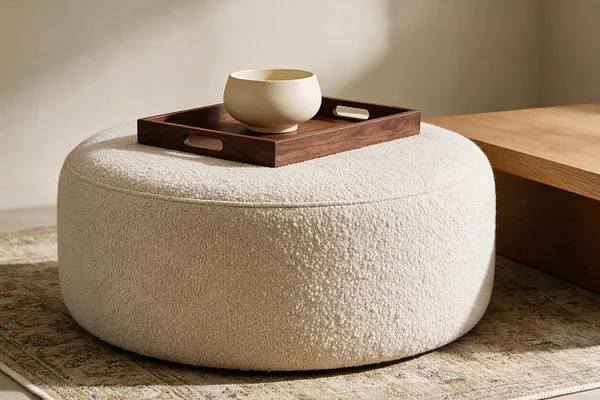 A rounded ottoman upholstered in cream bouclé sits on a patterned rug, topped with a dark walnut tray holding a small ivory bowl. A light oak bench or table is placed beside it, and the warm neutral room is lit by soft natural sunlight.