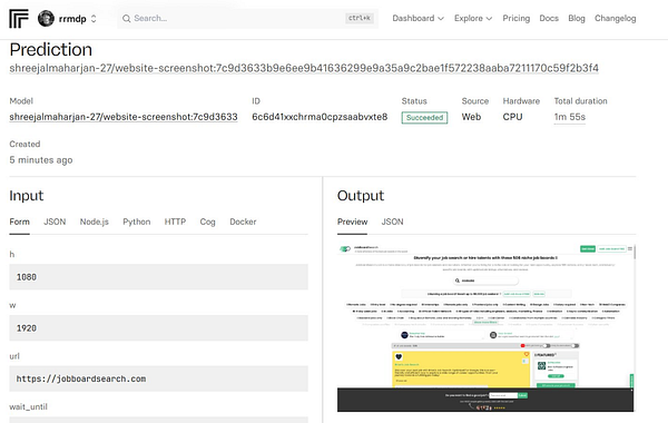 The image displays a web interface for a model prediction tool that successfully took a screenshot of a job board website.