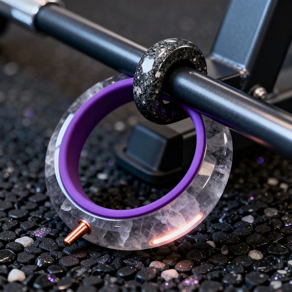 Close-up of a home gym detail showing a matte black steel bar on a rack, with two circular accessories: a polished black stone ring speckled in white and a clear resin ring lined in vivid purple silicone, featuring a small copper tip and a thin orange LED glow. The floor is black speckled EPDM rubber with glitter-like flecks, giving a starry effect that supports the Cosmic Chic theme.