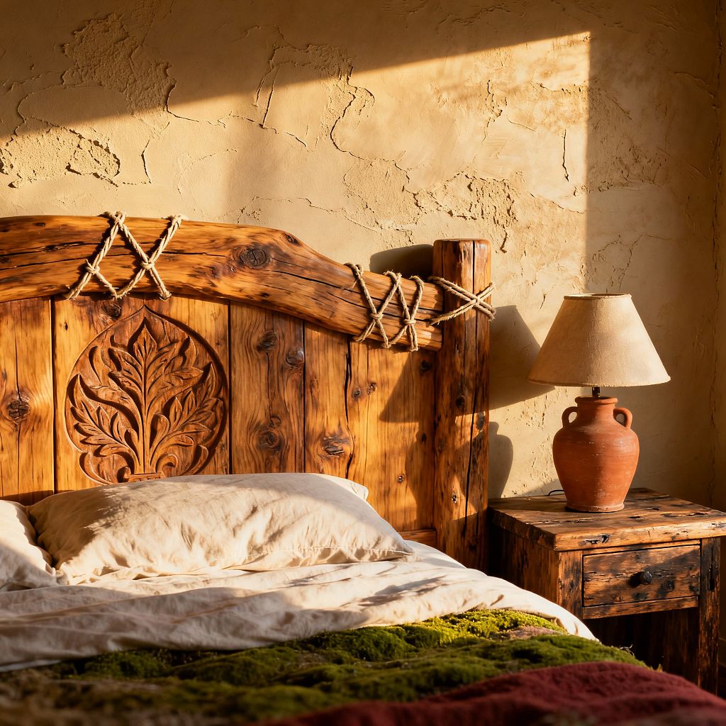 A rustic bedroom vignette features a carved knotty wood headboard with a leaf motif and rope lashing along a live-edge rail, set against a textured beige plaster wall. A distressed wood nightstand holds an earthenware lamp with a linen shade beside cream bedding and a moss-green throw, all bathed in warm late-afternoon light that casts diagonal shadows across the wall and bed.