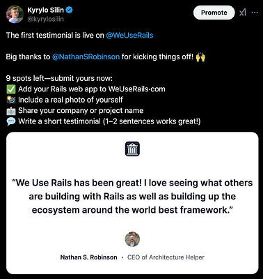 A Twitter post announcing the first testimonial for We Use Rails, featuring a quote from Nathan S. Robinson.