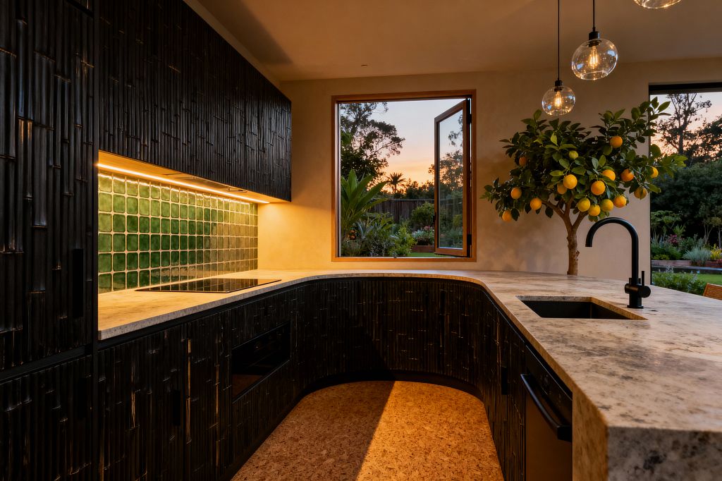 A warmly lit kitchen with deep charcoal, vertically textured cabinets surrounds a curved light-stone countertop, featuring an induction cooktop and an undermount sink with a matte black faucet. Glossy green square tiles form the backsplash beneath under-cabinet lighting, while glass globe pendants, cork flooring, an open wood-framed casement window to a lush garden at sunset, and a potted lemon tree emphasize a biophilic design that connects the workspace to nature.