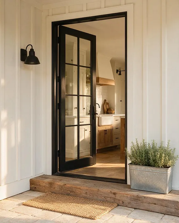 A farmhouse-style exterior entry shows white vertical siding, a black wall sconce, and a black-framed glass French door opening into a bright kitchen. A thick reclaimed wood threshold, woven jute doormat, and galvanized planter with herbs add rustic texture.