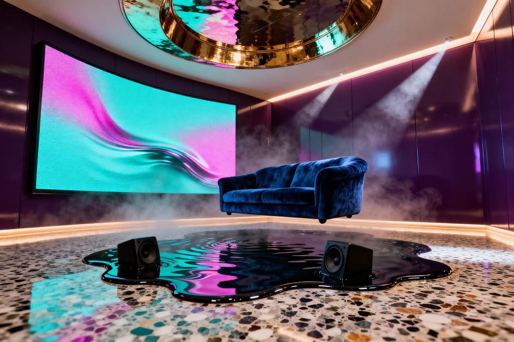 A surreal media room features a curved wall-size LED screen showing teal and magenta waves, facing a plush blue velvet sofa that appears to float above a terrazzo floor. Glossy purple wall panels, warm perimeter LED strips, and a circular gold mirrored ceiling element amplify reflections, while theatrical fog drifts around a black, reflective epoxy-like puddle on the floor where two compact black speakers sit, creating an immersive, dreamlike scene with saturated color and high-shine finishes.