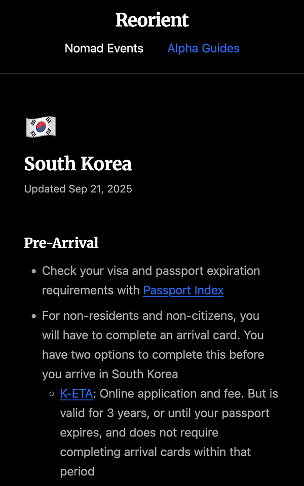 The image displays a digital guide titled 'Alpha Guide to South Korea' with essential pre-arrival information.