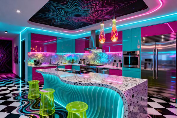 A neon-lit kitchen features glossy teal and fuchsia cabinets, a terrazzo waterfall island with a rippled, backlit cyan base, and translucent chartreuse stools. The space includes a printed glass backsplash in cosmic colors, lava-lamp pendants, stainless appliances, and black-and-white checker flooring with a swirling epoxy inlay; a dark ceiling panel with starburst lines and continuous pink and blue LED strips completes the immersive psychedelic look.