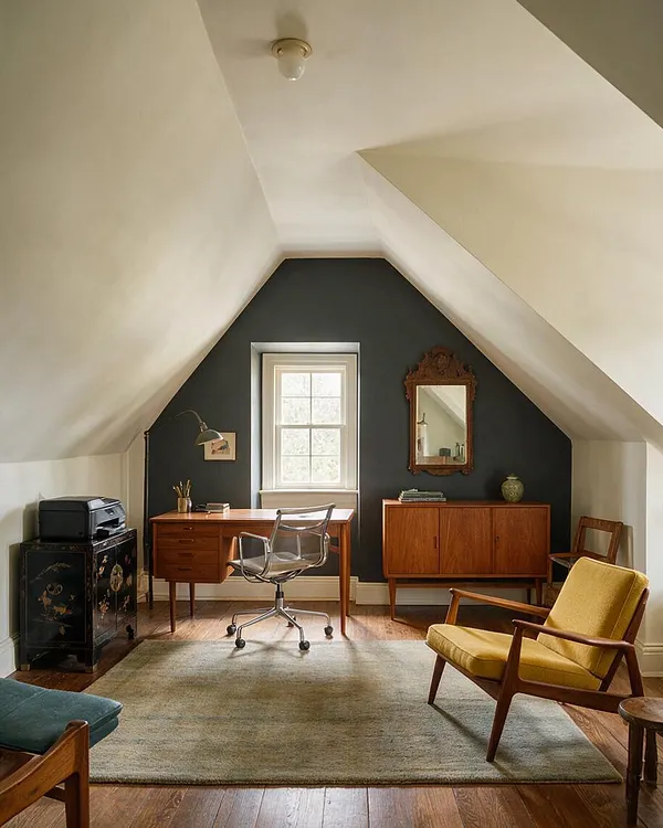 A cozy attic home office with sloped white ceilings, a dark charcoal accent wall, and a centered window. The room features a mid-century wood desk, a clear swivel chair, a mustard lounge chair, a patterned black cabinet, and an ornate wall mirror, all set on warm wood floors and a muted area rug.