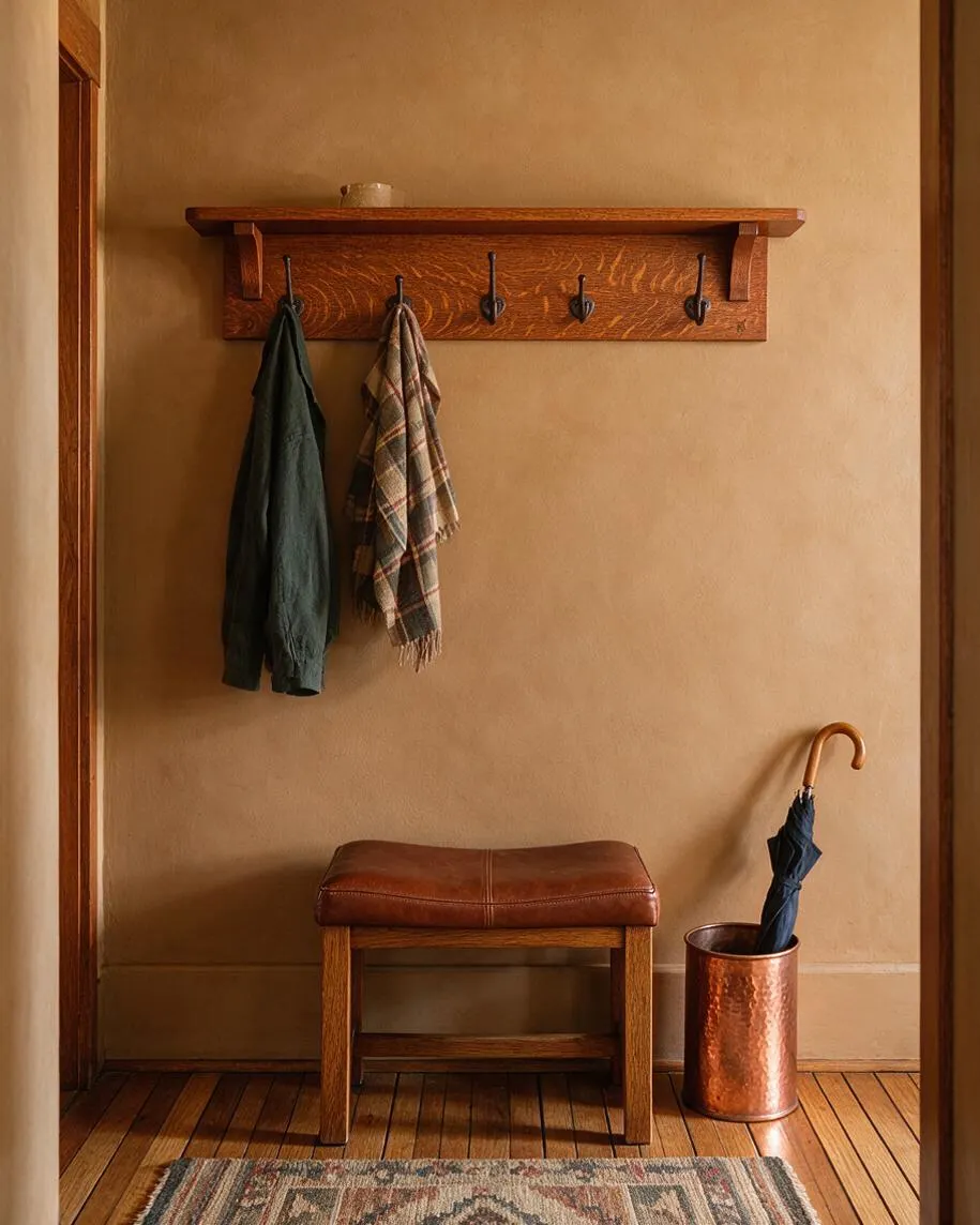 A Craftsman-style entryway with a simple wood wall shelf and five dark hooks holding a coat and plaid scarf. Below, a small oak bench with a brown leather cushion sits beside a copper umbrella stand with a dark umbrella, all on warm wood floors and tan plaster walls.