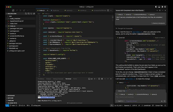 The image displays a coding environment with JavaScript code for a Node.js application, alongside a discussion about job completion in BullMQ.