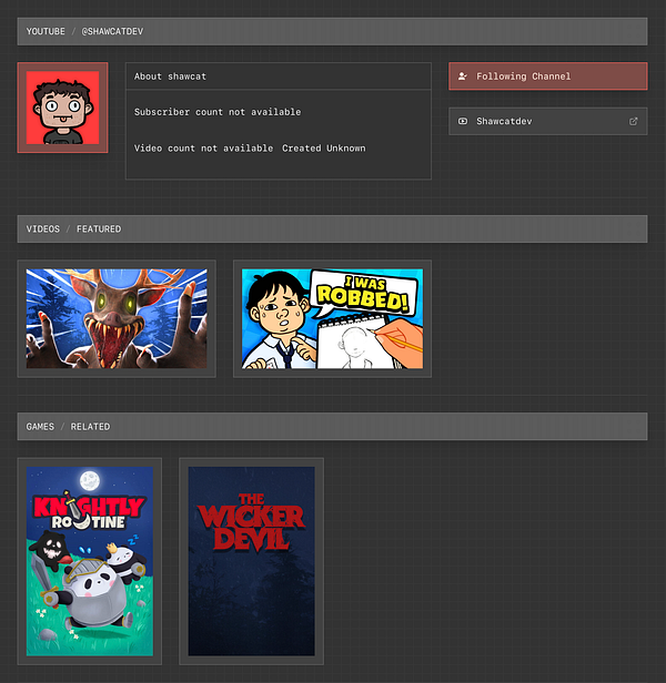 The image displays a YouTube channel interface for the user '@shawcatdev', featuring channel information, featured videos, and related games.