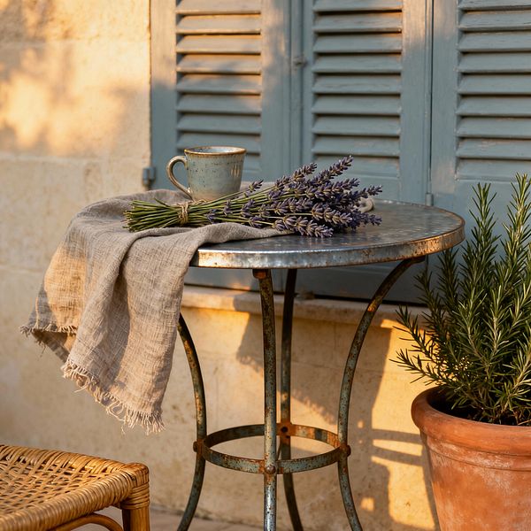 A small French Country patio vignette shows a round zinc-topped bistro table with a weathered iron base, draped in a fringed taupe linen. A speckled ceramic mug and a bundled spray of purple lavender rest on the table. Behind it, powder-blue louvered shutters contrast a warm limestone wall. A terracotta pot with rosemary sits to the side, and the corner of a honey rattan chair appears, all illuminated by soft golden evening light.