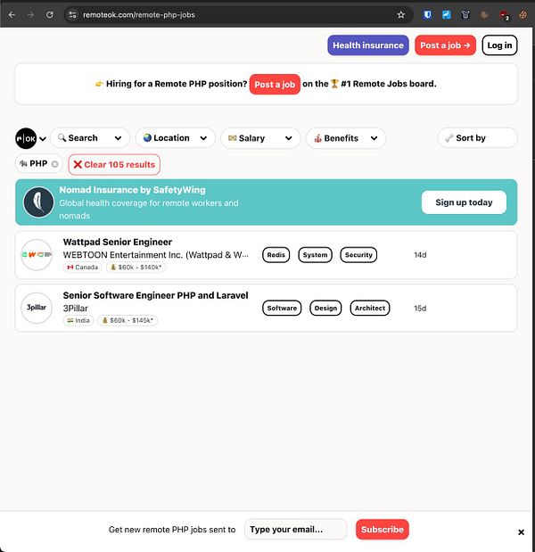 The image displays a job listing page for remote PHP positions on the RemoteOK website.