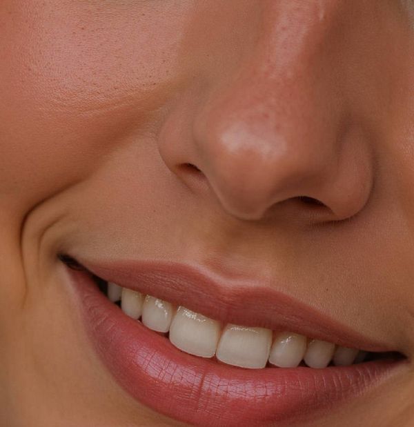 A close-up of a smiling face highlighting the mouth and nose.