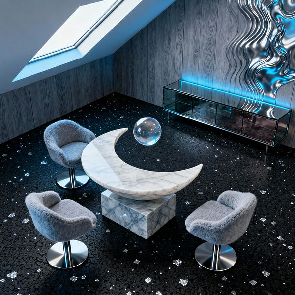An angular-roof dining room features a crescent-shaped white marble table on a marble cube base, centered below a large skylight. Four gray faux-fur swivel chairs with stainless pedestals sit on a black, star-studded terrazzo floor; a glass orb centerpiece floats above, while gray wood wall panels, a mirrored glass credenza with blue LED underglow, and a rippled chrome wall sculpture add futuristic shimmer.