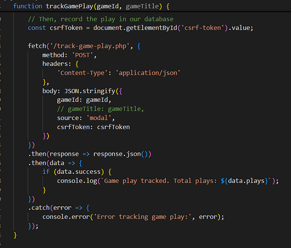 The image displays a code snippet for tracking game plays in a web application.