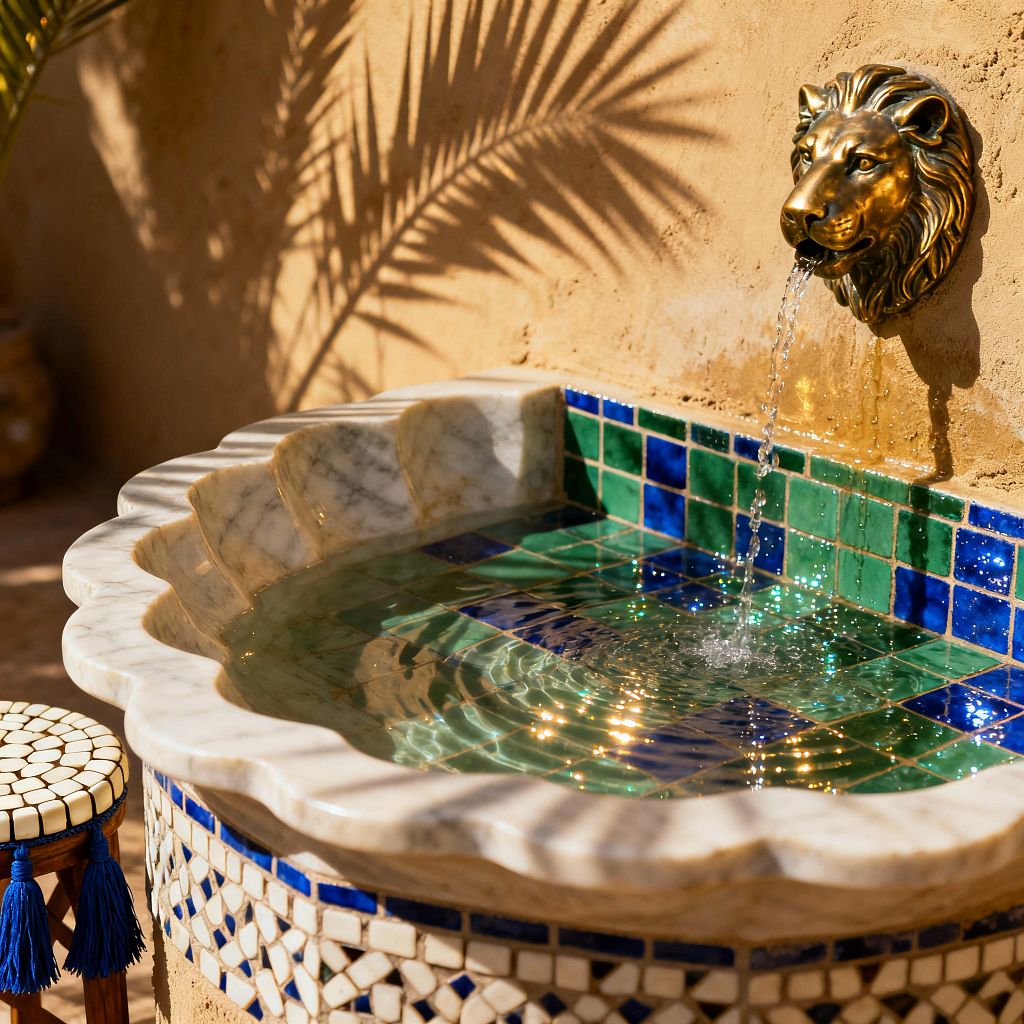 A brass lion-head spout pours water into a scalloped white marble basin lined with green and cobalt zellige tiles, set against a sand-colored plaster wall. Sunlight casts palm shadows and glints on rippling water; the base features blue-and-white geometric mosaic, and a small round wooden stool with a cream mosaic top and bright blue tassels sits nearby.