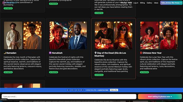 The image displays a collection of themed photo packs on a dark-themed interface, showcasing various cultural celebrations.