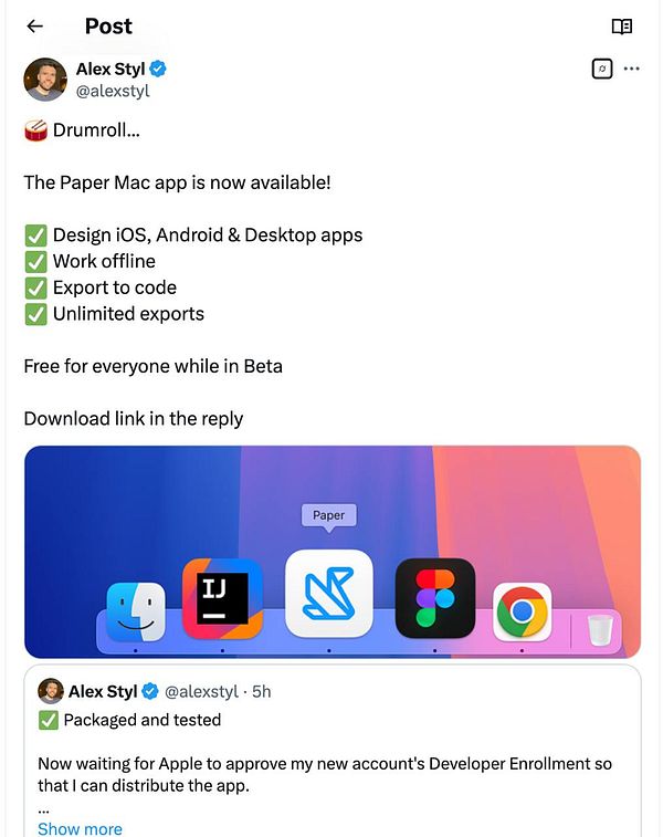 A social media post announcing the availability of the Paper Mac app, featuring a screenshot of the app's icon on a desktop.