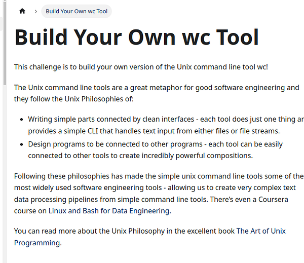 The image displays a webpage detailing a programming challenge to build a custom version of the Unix command line tool 'wc'.