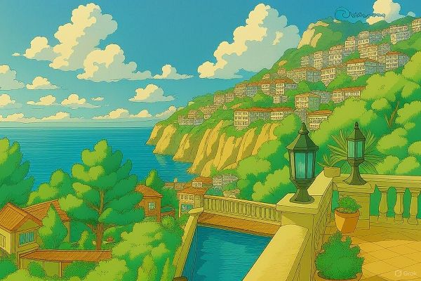 A vibrant, animated landscape featuring a coastal view with lush greenery and charming villas.