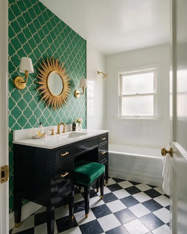 A master bathroom with a dramatic emerald green patterned accent wall, a black vanity with a white countertop, and a gold sunburst mirror centered above the sink. Brass sconces, a black-and-white checkered floor, and a white bathtub with frosted window add a glamorous Hollywood Regency look.