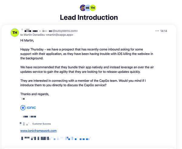 An email discussing a lead introduction for CapGo services.
